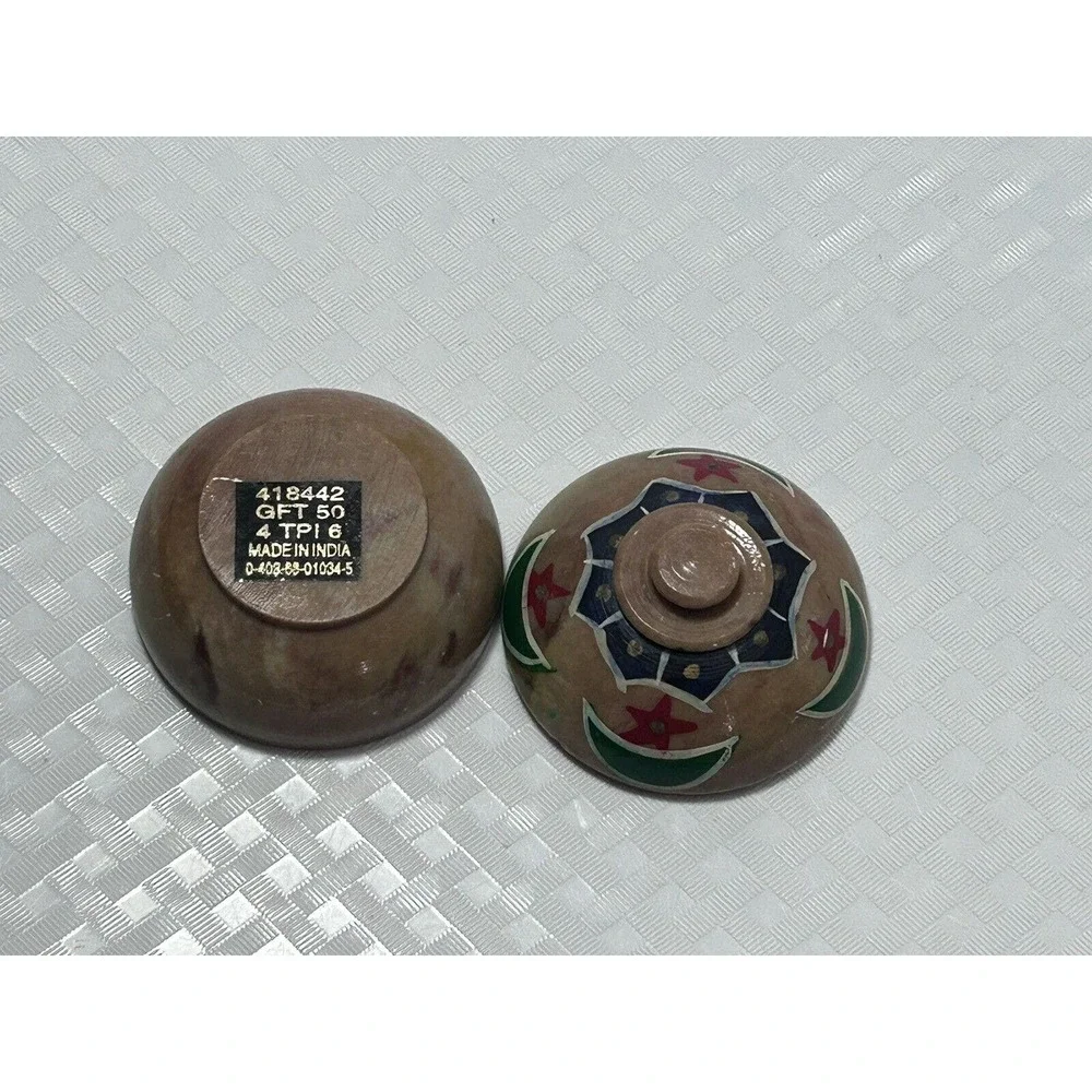 Vintage‎ Miniature India Stone Bowl with Lid, Hand Painted Stars and Crescents